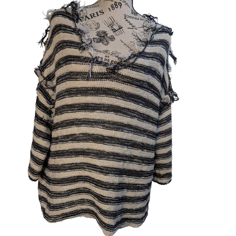 Free People Womens S/M Oversized Striped Knit V-Neck Sweater‎ Frayed Navy White